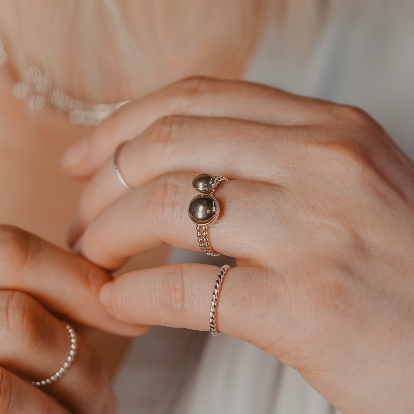Woman wearing Silver Stacking Ring - Rope Style - Trisha Flanagan