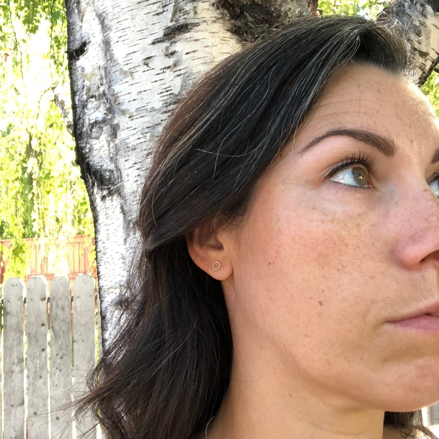 Woman wearing Mini Open Circle Earrings - Trisha Flanagan