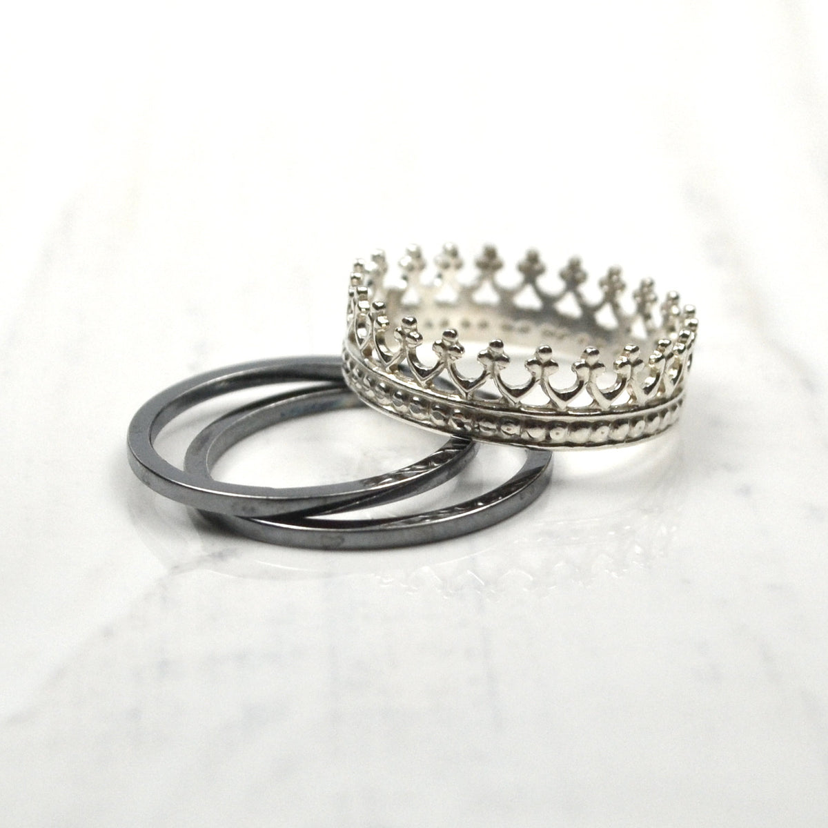Silver Crown Ring with 2 black silver rings - Trisha Flanagan