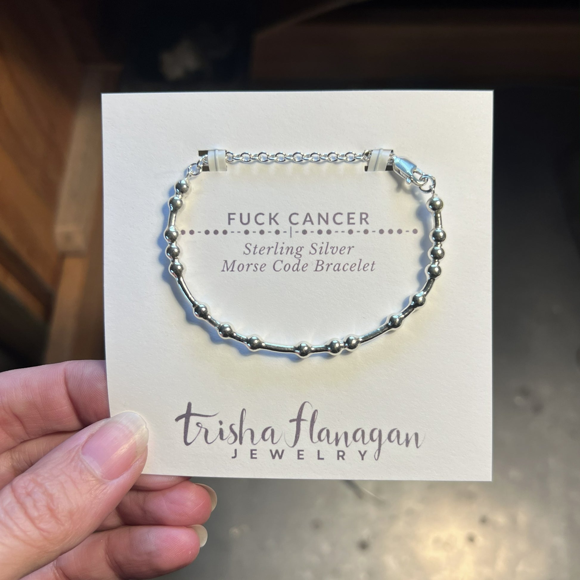 Fuck Cancer Morse Code Chain Bracelet on Display card
