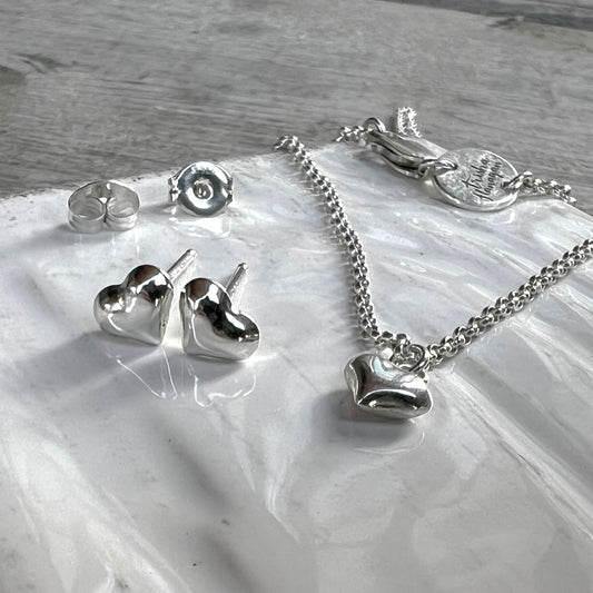 Sterling Silver Heart Necklace + Earrings Bundle