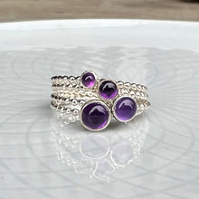 Load image into Gallery viewer, Different size amethyst Silver Rings stacked - Trisha Flanagan