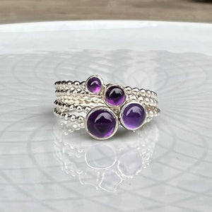 Different size amethyst Silver Rings stacked - Trisha Flanagan