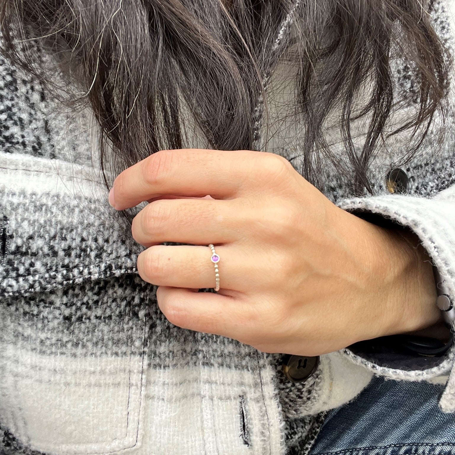 Woman wearing a Mini Amethyst Silver Ring - Trisha Flanagan