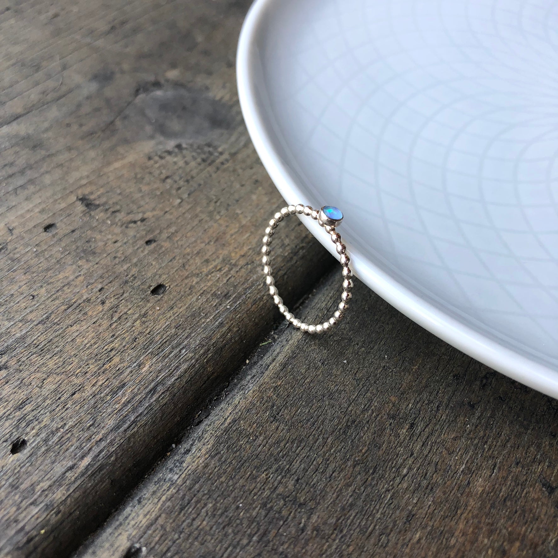 Mini Blue Manmade Simulated Opal Stacking Ring side view - Trisha Flanagan
