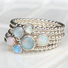 Load image into Gallery viewer, Different Manmade Simulated Opal and Genuine Opal Silver Rings stacked - Trisha Flanagan