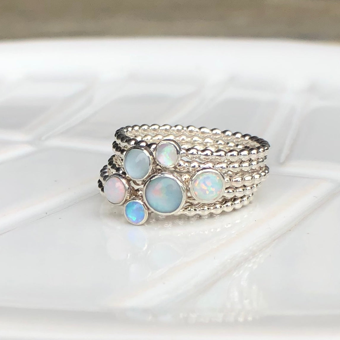 Different size Manmade Simulated Opals and genuine opals Stacking Rings - Trisha Flanagan