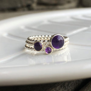Different size Amethyst Silver Rings stacked - Trisha Flanagan