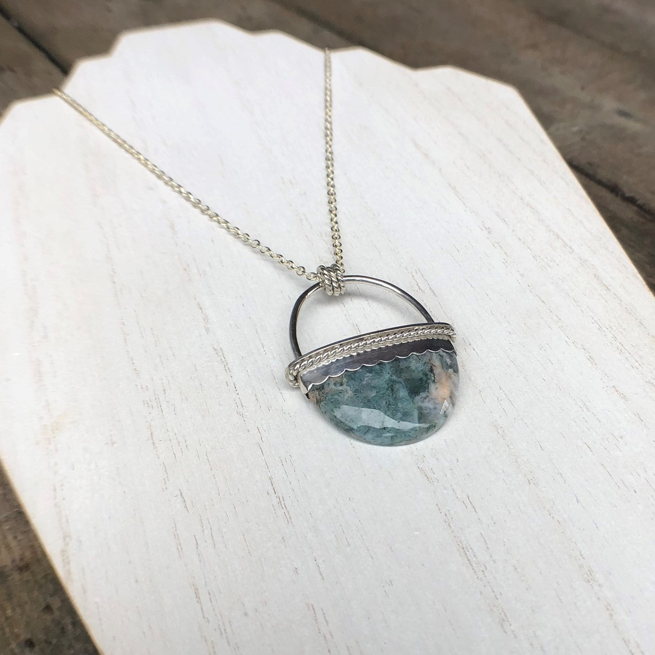 Silver Oval Moss Agate Statement Pendant