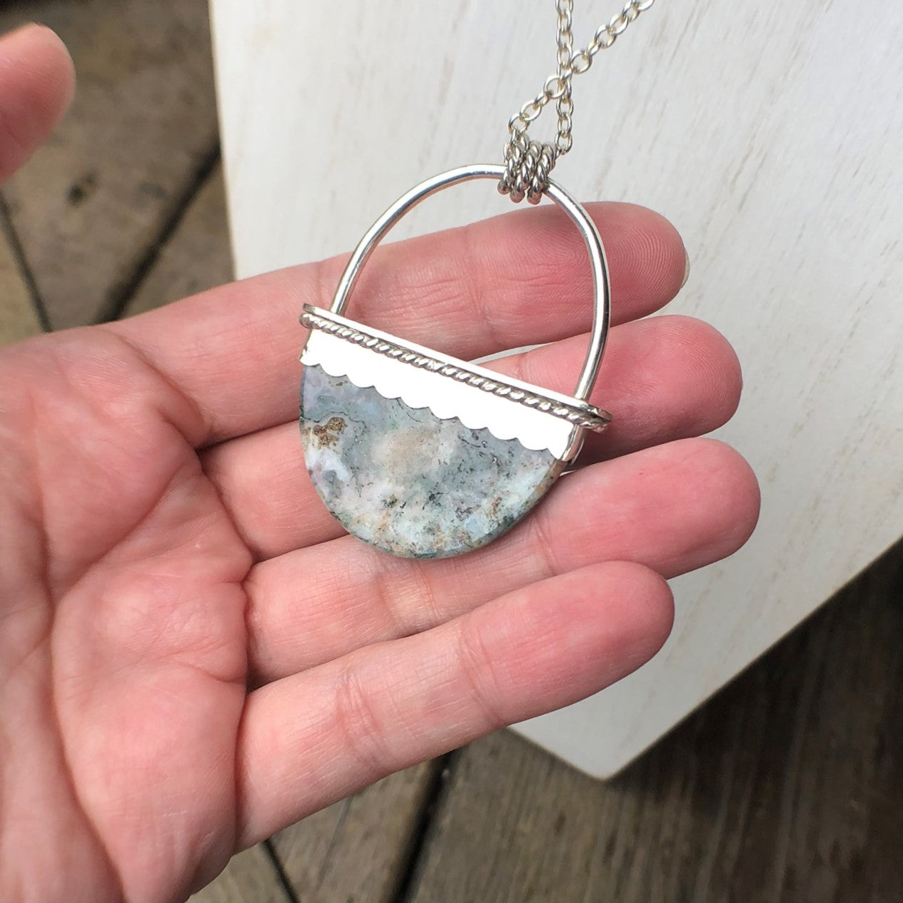 Silver Oval Moss Agate Statement Pendant