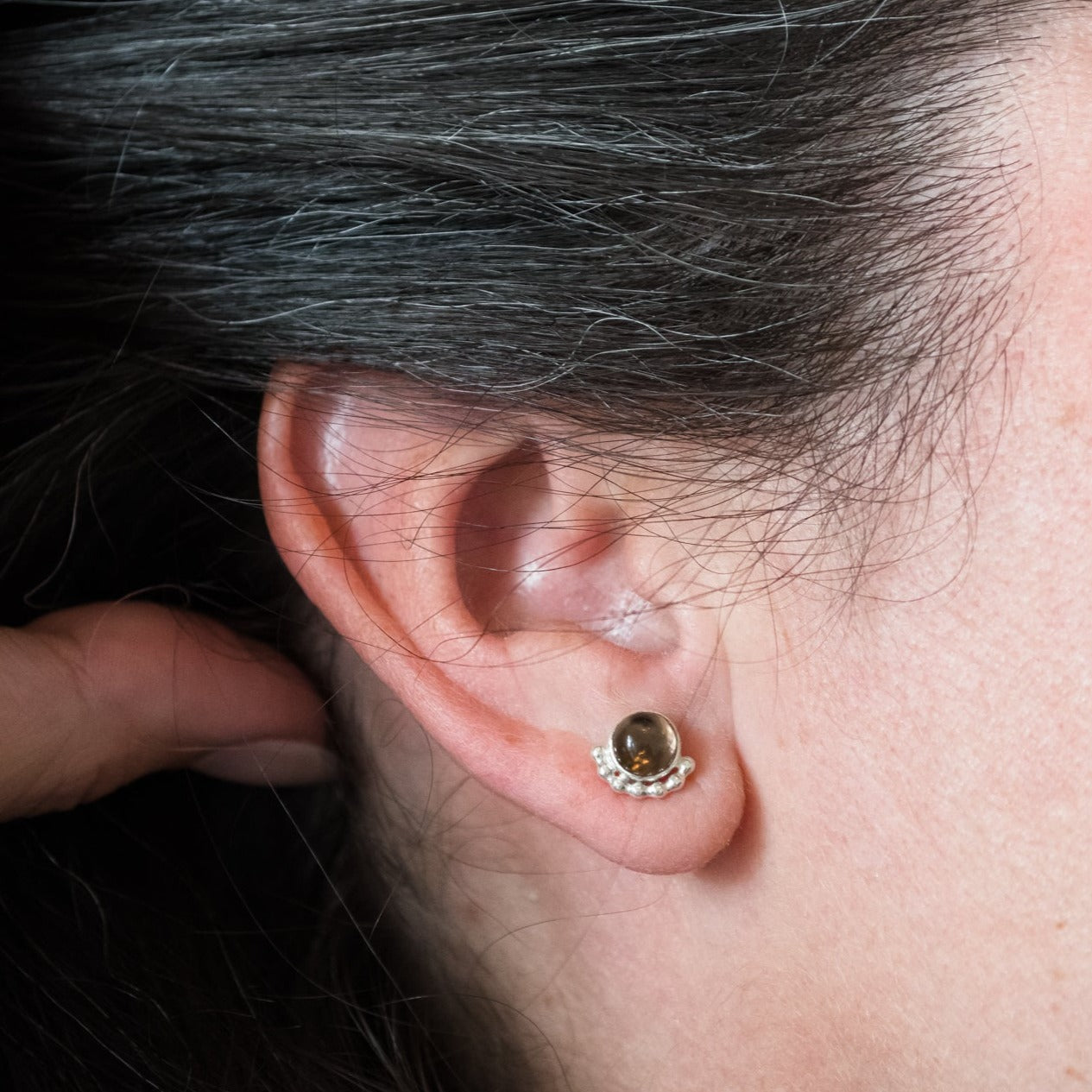 Woman wearing a Large Gemstone Eyelash Stud Earring side view - Trisha Flanagan