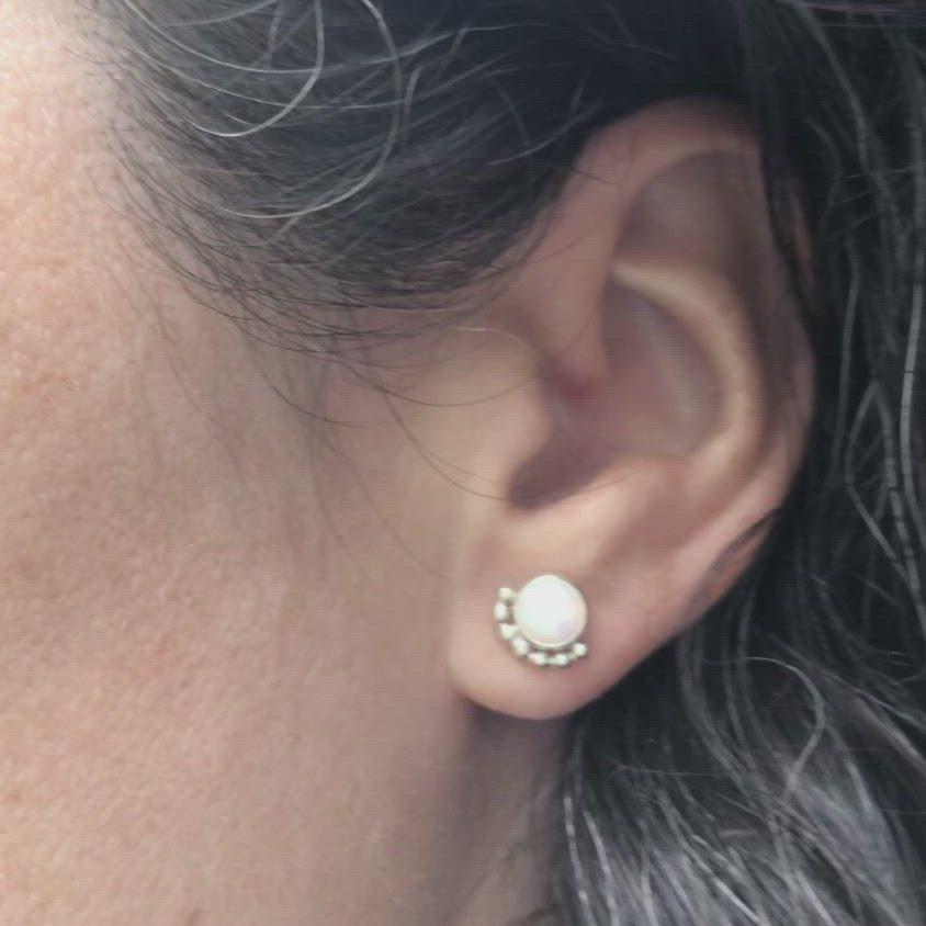Woman wearing Large Opal Eyelash Stud Earrings - Trisha Flanagan