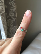 Load image into Gallery viewer, Woman wearing a Small Garnet Silver Ring and a Small Chrysoprase Silver ring - Trisha Flanagan