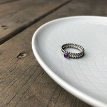 Load image into Gallery viewer, Small Amethyst Silver Ring with 2 black silver beaded band rings - Trisha Flanagan