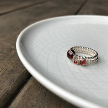 Load image into Gallery viewer, Different size Garnet Silver Rings stacked - Trisha Flanagan