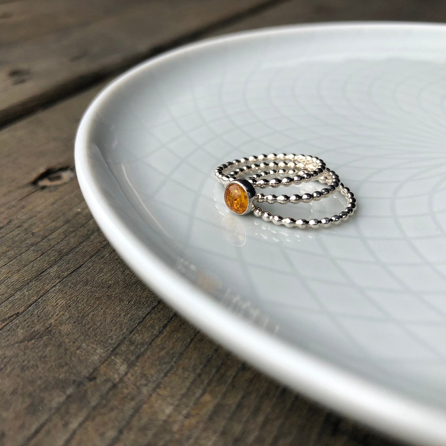Medium Baltic Amber Silver Ring with 2 beaded band rings - Trisha Flanagan