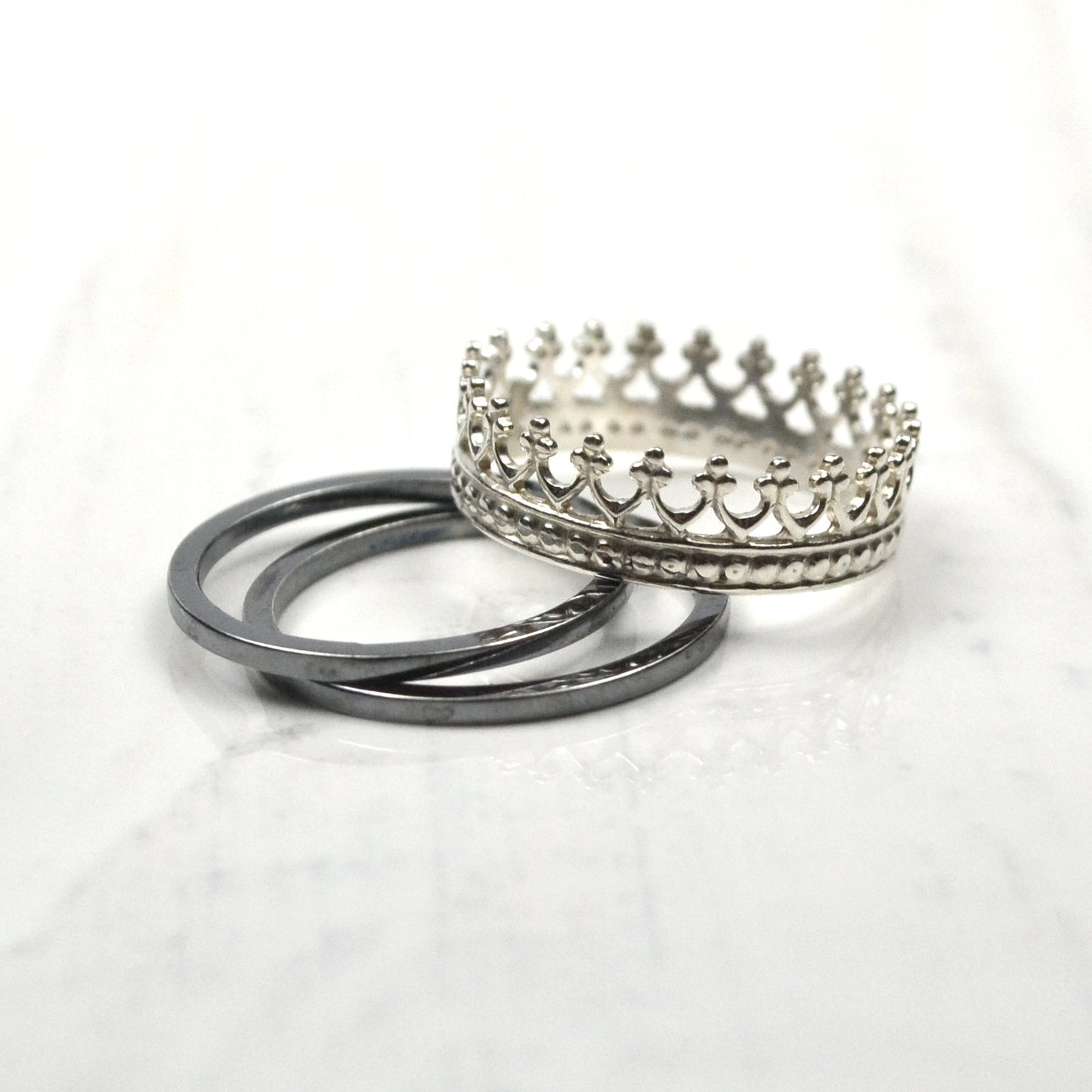 Silver Crown Ring with 2 black silver rings - Trisha Flanagan