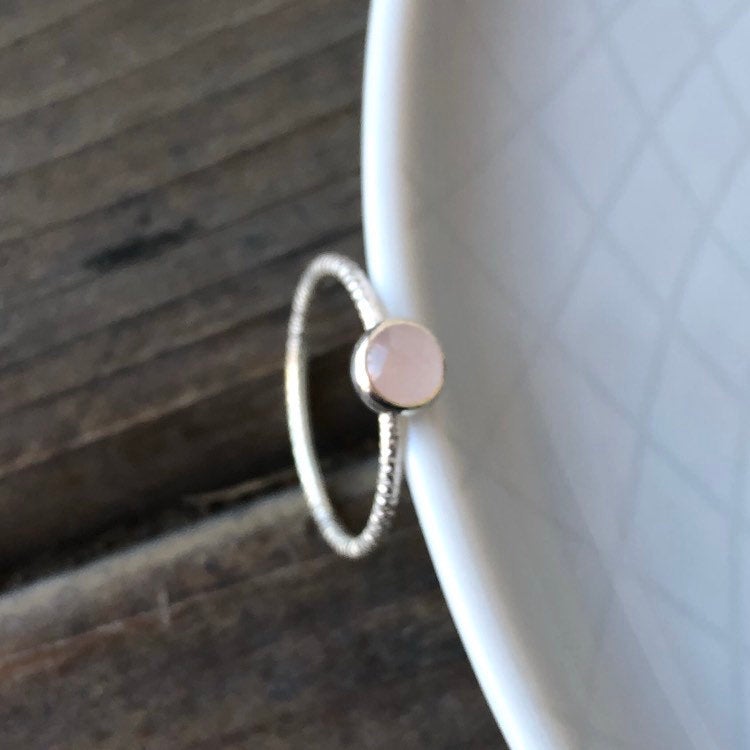 Medium Rose Quartz Silver Textured Ring top view - Trisha Flanagan