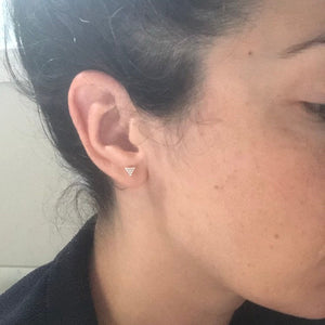 Woman wearing Minimalist Silver Triangle Stud Earrings - Trisha Flanagan