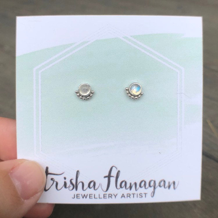 Rainbow Moonstone Eyelash Stud Earrings on a display card- Trisha Flanagan