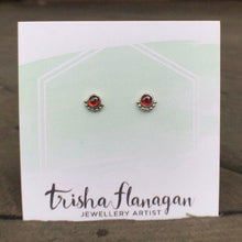Load image into Gallery viewer, Garnet Eyelash Stud Earrings on a display card - Trisha Flanagan