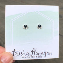 Load image into Gallery viewer, Onyx Eyelash Stud Earrings on a display card - Trisha Flanagan