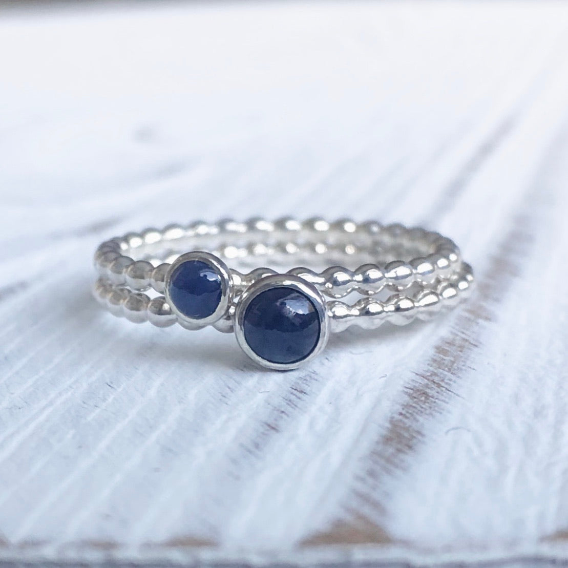 Different size Sapphire Silver Stacking Rings stacked - Trisha Flanagan